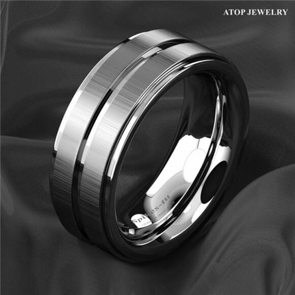 Men's Wedding Band Rings - Vertical Brushed Meteorite Design - Wedding Rings - Picture 3 of 7